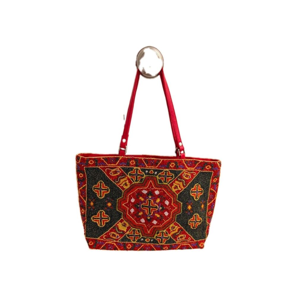 Vintage Christiana Multicolor Beaded Tote Bag Red Double Handles